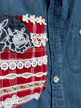 Load image into Gallery viewer, Levi's Denim Shirt Vest Vintage Lace Flag Upcycle
