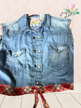 Load image into Gallery viewer, Harley Davidson Shop Towel Upcycle Denim Vest Vintage - size small
