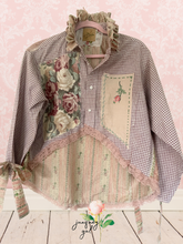 Load image into Gallery viewer, Ruffled Collar Vintage Ralph Lauren Ticking Strip Floral Sheet Upcycled Menswear Blouse Shirt
