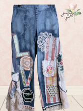 Load image into Gallery viewer, Upcycled bleached jeans LOVE floral patchwork large asymmetric roses vintage Fits most to Large
