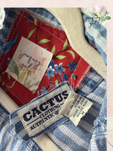 Load image into Gallery viewer, Vintage Tablecloth Poppy Bouquet &amp; Ribbon Oversized Bleached Denim Vest Upcycled 4th of July - Fits to Plus
