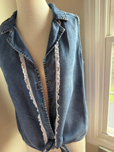 Load image into Gallery viewer, Lightweight dark sleeveless American flag tie front button down fits to XL
