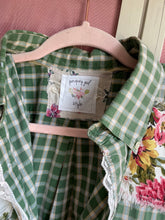 Load image into Gallery viewer, picnic green plaid &amp; vintage floral crochet lace - duster | oversized shirt Fits Up to XL - 1X
