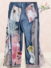 Load image into Gallery viewer, Upcycled bleached jeans LOVE floral patchwork large asymmetric roses vintage Fits most to Large
