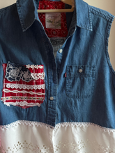 Load image into Gallery viewer, Levi's Denim Shirt Vest Vintage Lace Flag Upcycle
