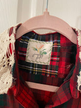 Load image into Gallery viewer, Vintage Feedsack Christmas Tree &amp; Chunky Ivory Fringe Flannel Shirt #1
