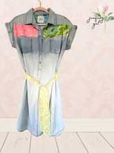Load image into Gallery viewer, Light Summer Denim Dress yellow chunky crochet lace &amp; bright vintage textiles sleeveless

