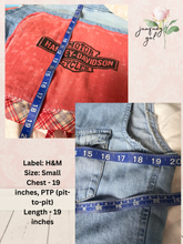 Load image into Gallery viewer, Harley Davidson Shop Towel Upcycle Denim Vest Vintage - size small
