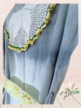 Load image into Gallery viewer, Light Summer Denim Dress yellow chunky crochet lace &amp; bright vintage textiles sleeveless

