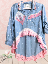 Load image into Gallery viewer, Lightweight Denim Polka Dot &amp; Pink Crochet Lace Roses Cowgirl High-Low Upcycled Blouse Shirt
