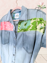 Load image into Gallery viewer, Light Summer Denim Dress yellow chunky crochet lace &amp; bright vintage textiles sleeveless
