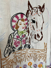 Load image into Gallery viewer, Horse &amp; Girl Needlepoint - upcycled oversized flannel Duster Shirt
