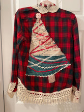 Load image into Gallery viewer, Vintage Feedsack Christmas Tree &amp; Chunky Ivory Fringe Flannel Shirt #1
