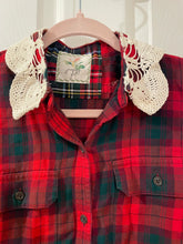 Load image into Gallery viewer, Vintage Feedsack Christmas Tree &amp; Chunky Ivory Fringe Flannel Shirt #1
