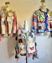 Load image into Gallery viewer, Royal Blue Bow Crazy Quilt Feed Garden Seed Sack Barn Coat Jacket - Fits up to Large
