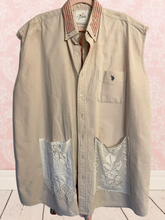 Load image into Gallery viewer, Vintage Drapery Rose Boutique Khaki Ticking Stripe Upcycled Menswear Shirt Oversized sleeveless
