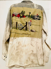 Load image into Gallery viewer, Bucolic Barn Scene Needlepoint Distressed - Shacket Jacket Shirt
