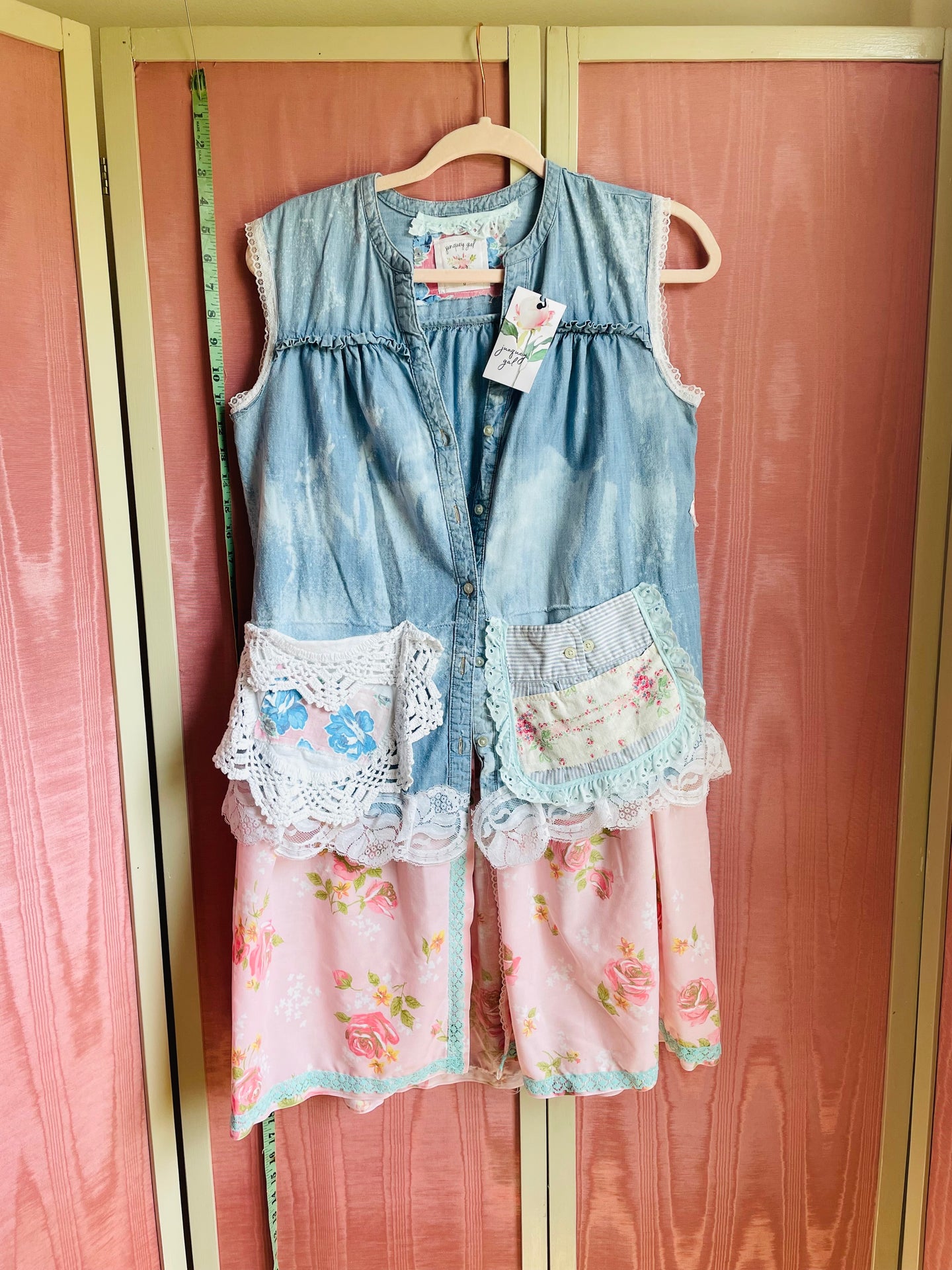 denim & pink roses vintage sheets - shirt | duster *Fits Up to Medium*