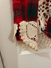 Load image into Gallery viewer, Vintage Feedsack Christmas Tree &amp; Chunky Ivory Fringe Flannel Shirt #1

