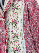 Load image into Gallery viewer, Upcycled Vintage Rose Bouquet &amp; Pink Quilt Square Bouclé Tweed Jacket Size 2
