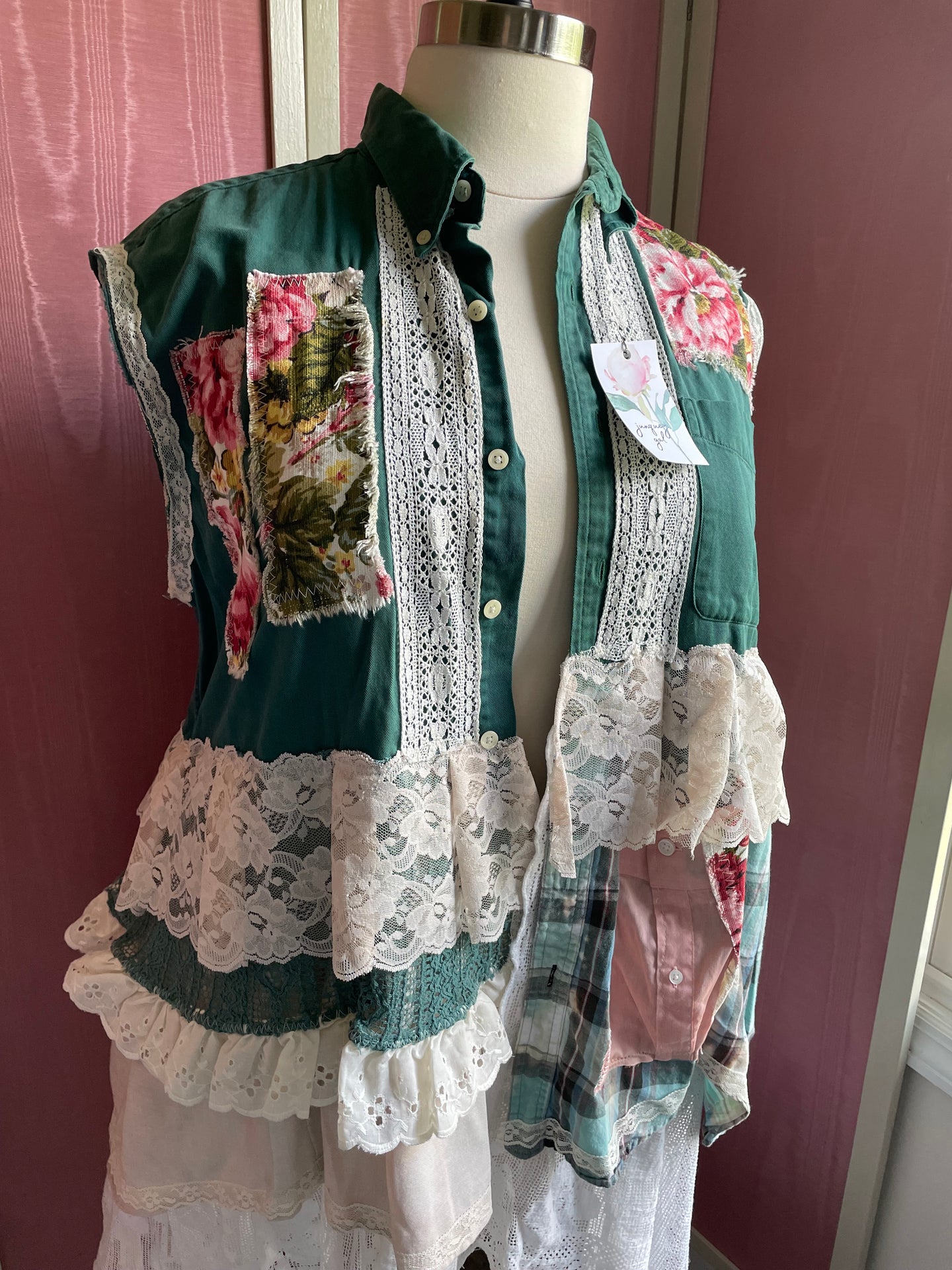 hunter green floral duster with vintage laces & eyelet | special occasion duster - oversized *Fits Up to Plus*